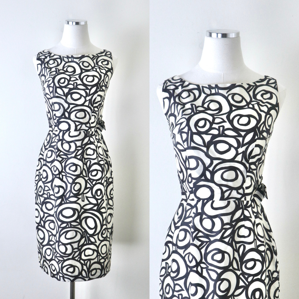 Vintage 1950s Size XXS Silk Low Back Sheath Dress Abstract Floral Novelty Print